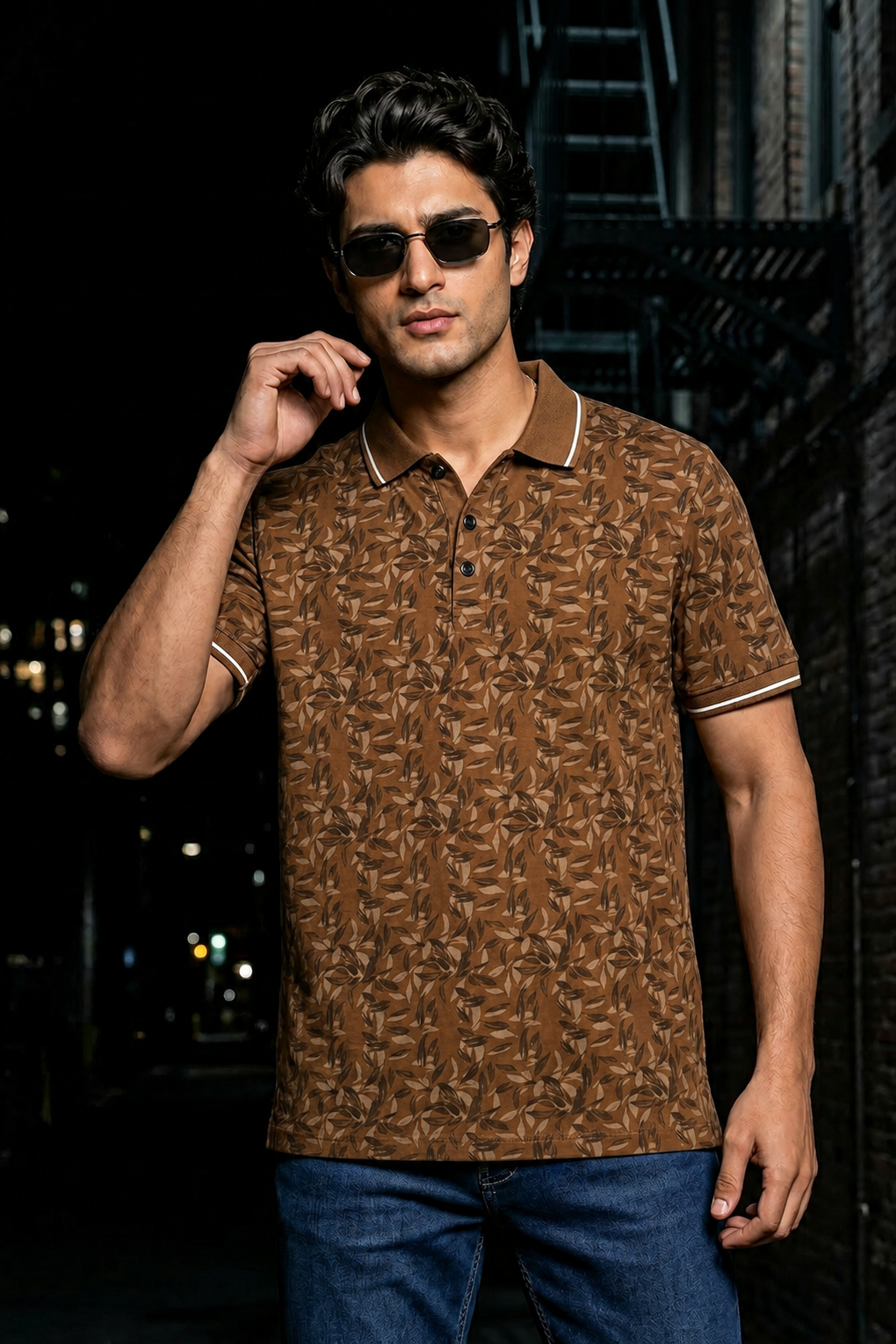 Men Brown Leaf Print Polo T-Shirt