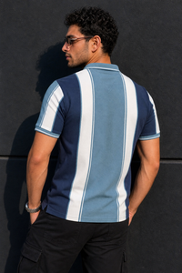 Men Blue & White Striped Polo T-Shirt with Snap Buttons ATL9239