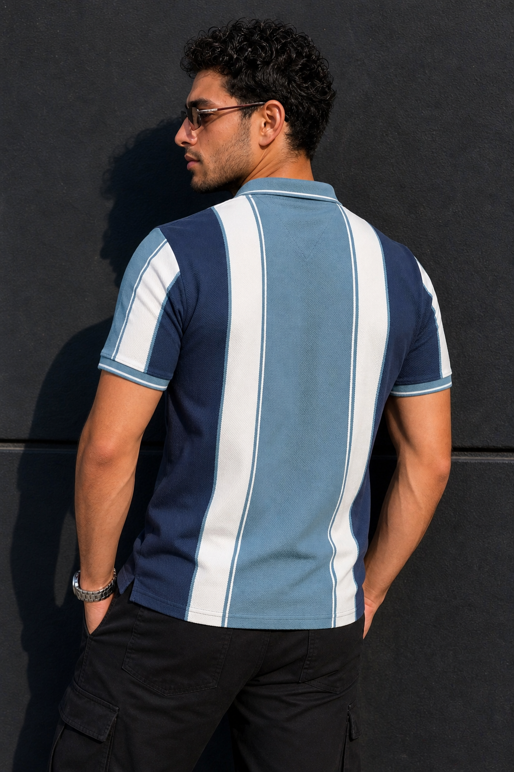 Men Blue & White Striped Polo T-Shirt with Snap Buttons ATL9239