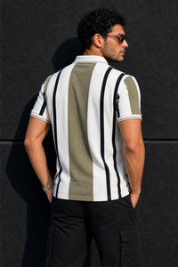 Men Pista & Black Striped Snap Button Polo T-Shirt ATL9244