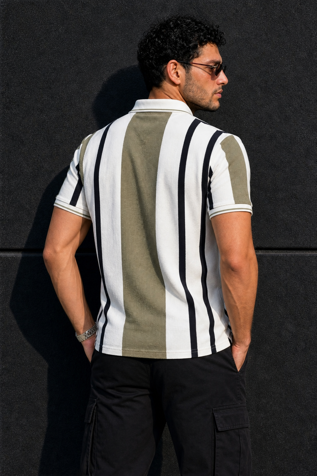Men Pista & Black Striped Snap Button Polo T-Shirt ATL9244