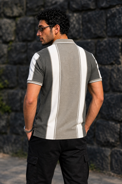 Men Pista & White Striped Polo T-Shirt with Snap Buttons ATL9239