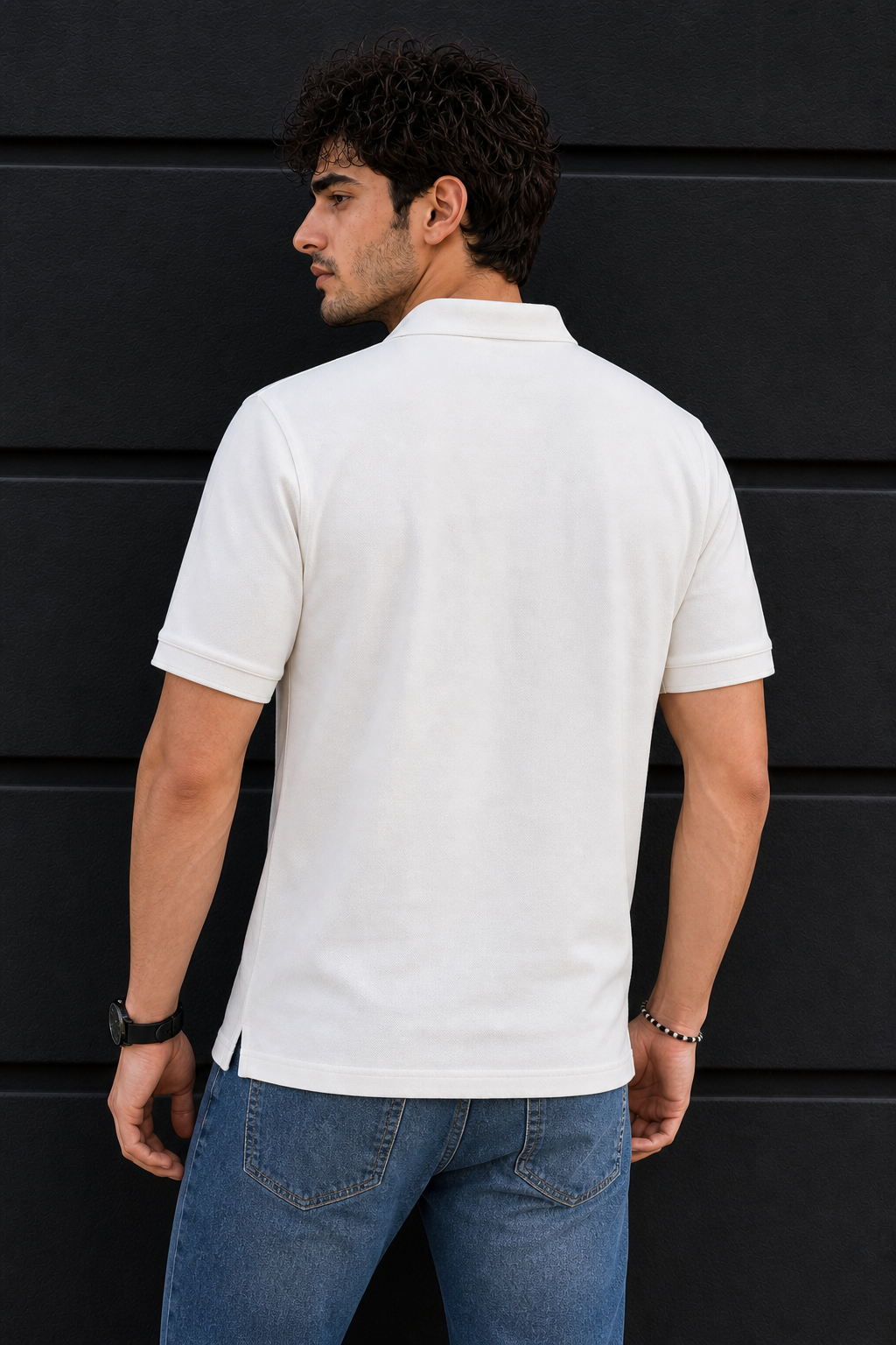 Men White Korean Style Zipper Neck Polo T-Shirt ATL5771