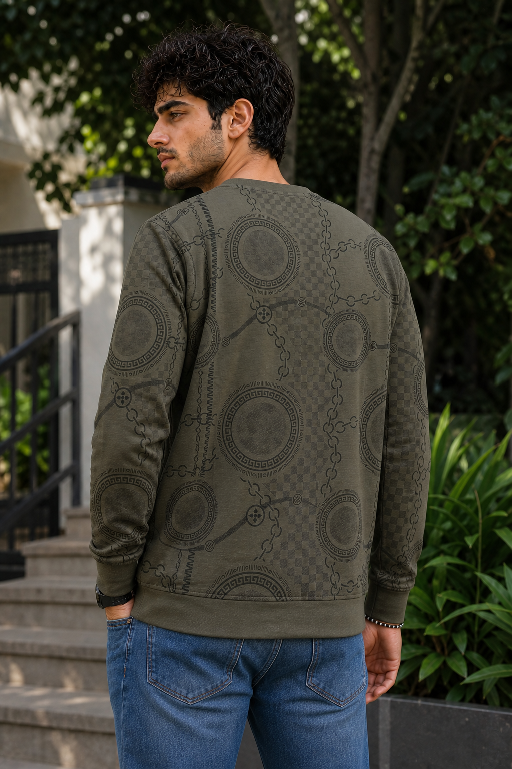 Men Olive Chain Print Full Sleeve SweatShirt | RAGGED Graphic ATL3035