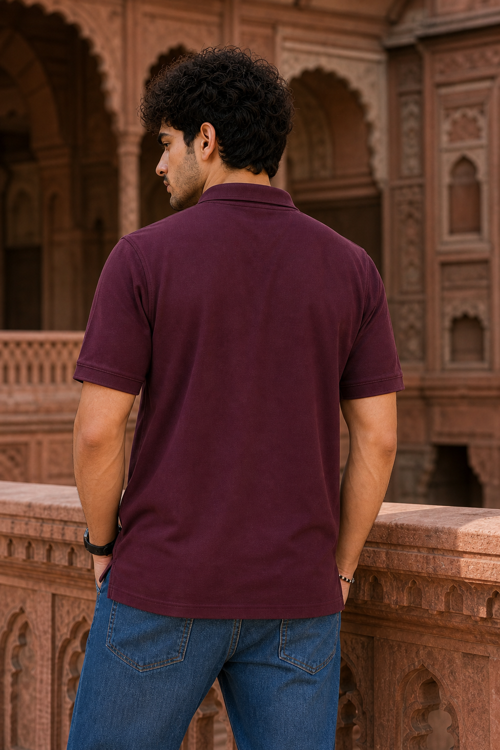 Men Wine Korean Style Zipper Neck Polo T-Shirt ATL5771