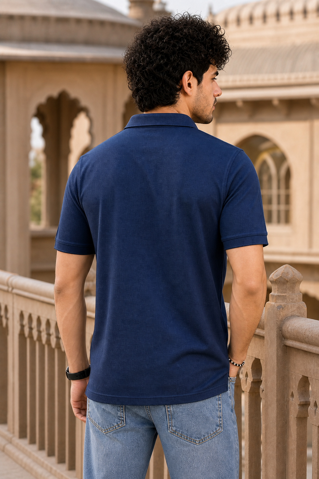Men Navy Blue Korean Style Zipper Neck Polo T-Shirt ATL5771