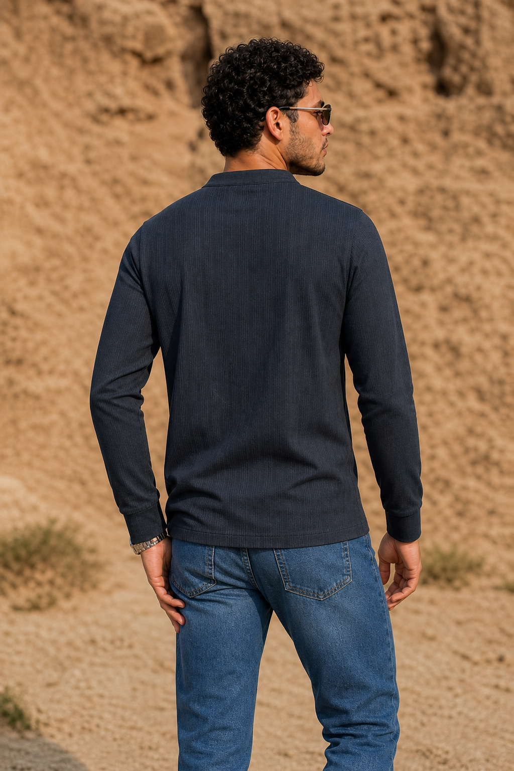 Men Black Textured Ribbed Henley T-Shirt | Long Sleeve Mandarin Collar ATL6503