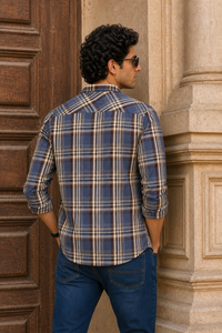 Men Blue & Brown Checked Long Sleeve- Casual Wear KEV-597-14
