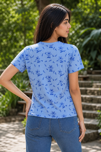 Women Blue Cherry Blossom Print T-Shirt Short Sleeves M-7266-23