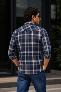 Classic Navy Blue Tartan Check Shirt - Men Slim Fit KEV-5920
