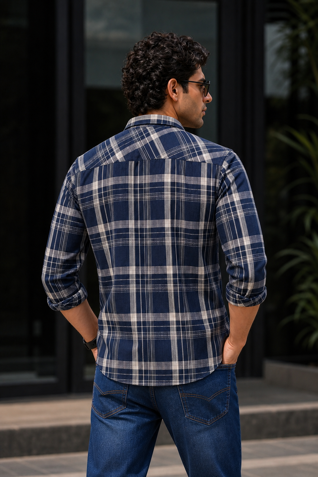 Classic Navy Blue Tartan Check Shirt - Men Slim Fit KEV-5920