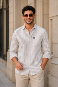 Men Cream & Black Striped Shirt - Full Sleeve SUGA-525