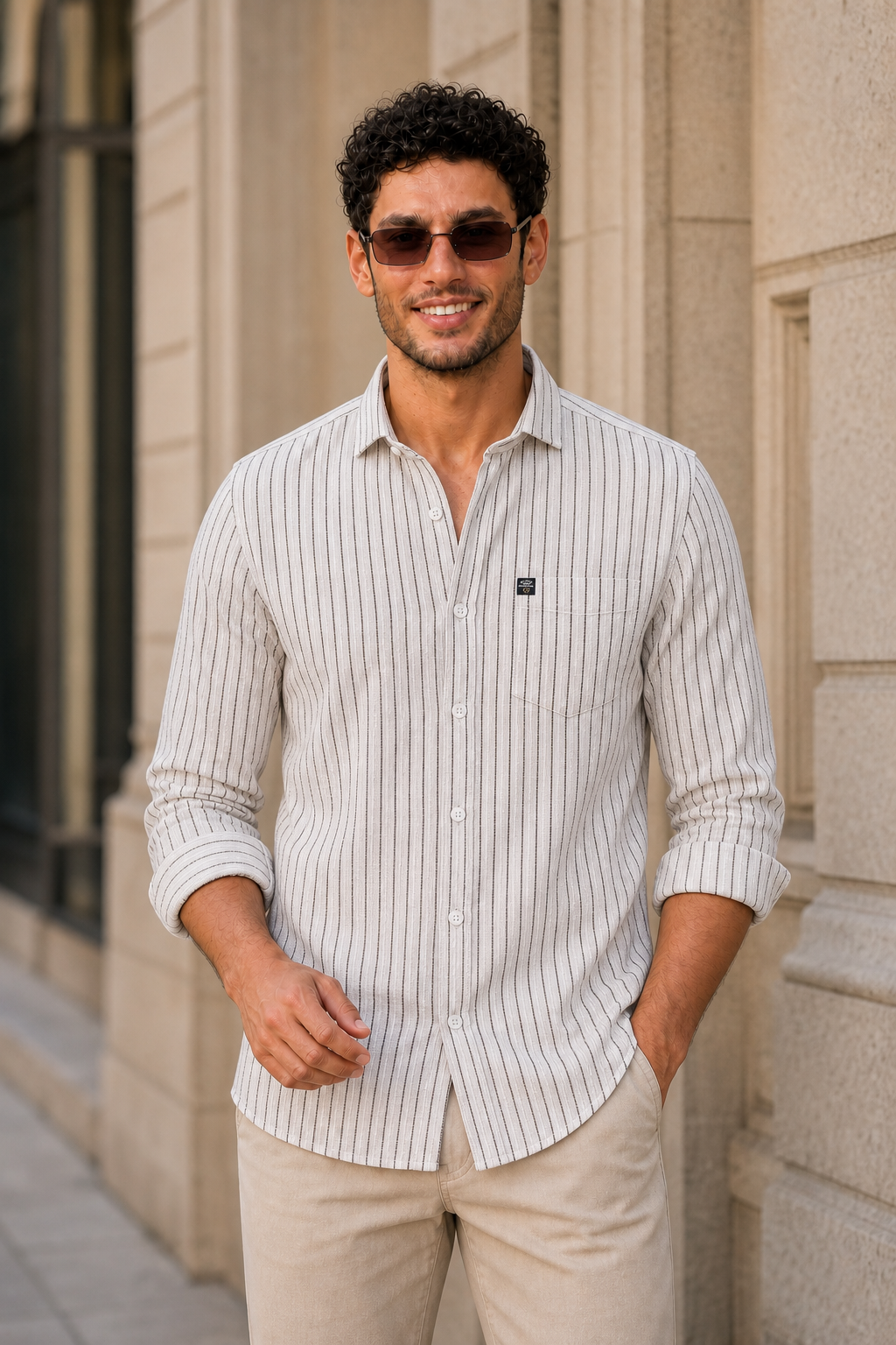Men Cream & Black Striped Shirt - Full Sleeve SUGA-525