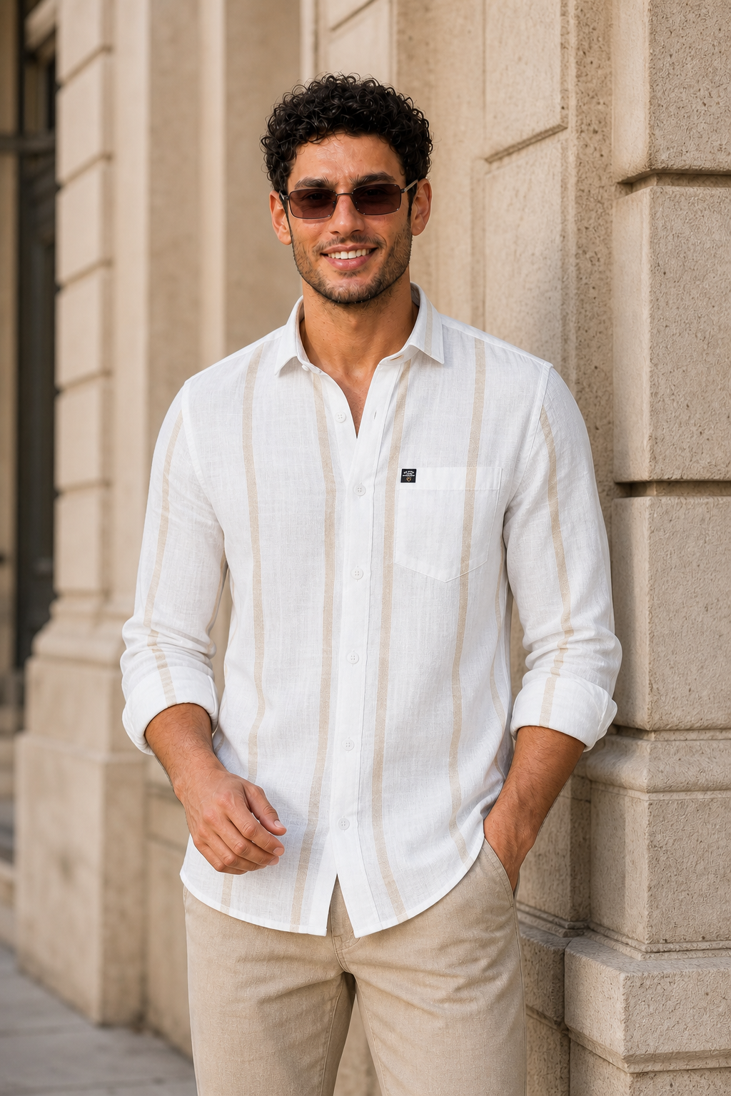 Men White & Fawn Bold Vertical Striped Linen Shirt - Full Sleeve SUGA-525