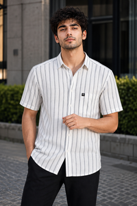 Men White & Grey Vertical Striped Linen Shirt - Half Sleeve SUGA-525