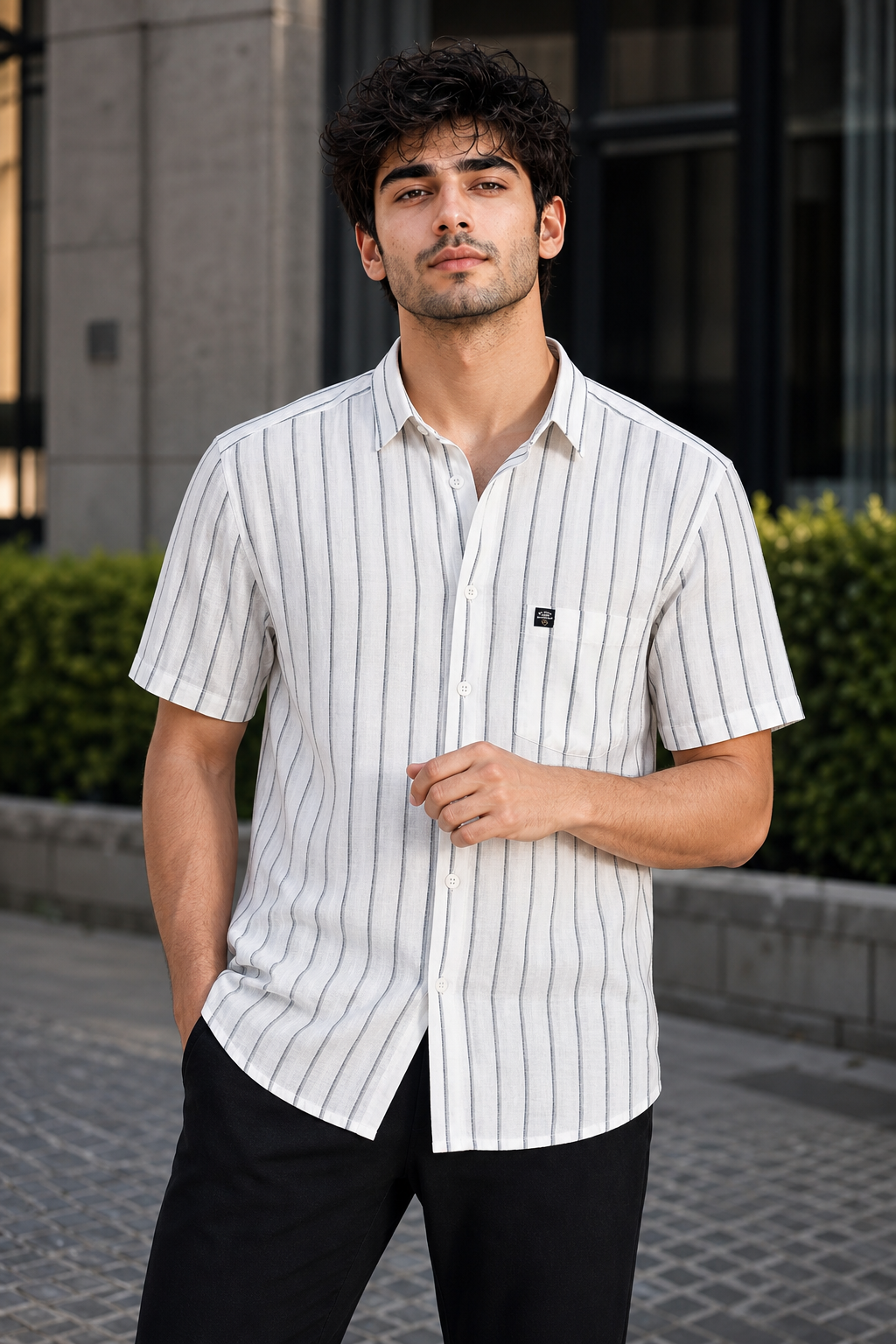 Men White & Grey Vertical Striped Linen Shirt - Half Sleeve SUGA-525