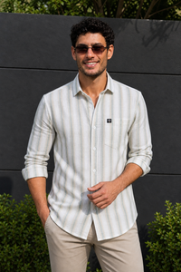 Men Beige & Pista White Bold Striped Linen Cotton Shirt Long Sleeve Office & Casual Wear SUGA-525