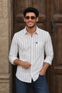  Men White & Olive Green Vertical Striped Linen Cotton Shirt - Full Sleeve SUGA-525
