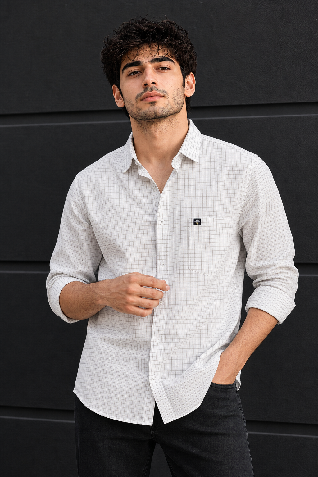 Men White & Fawn Checks Linen Cotton Shirt- Long Sleeve Office & Casual Wear SUGA-525