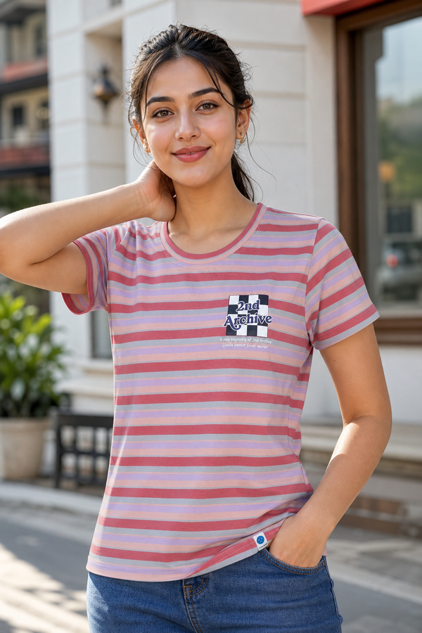 Women Lavender Striped Short Sleeve T-Shirt M-7356-14