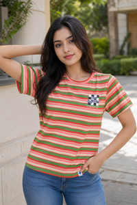 Women Orange Striped Short Sleeve T-Shirt M-7356-14