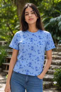 Women Blue Cherry Blossom Print T-Shirt Short Sleeves M-7266-23