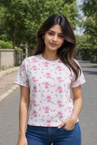 Women White and Pink Cherry Blossom Print T-Shirt Short Sleeves M-7266-23