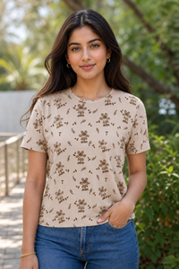 Women Fawn and Brown Cherry Blossom Print T-Shirt Short Sleeves M-7266-23