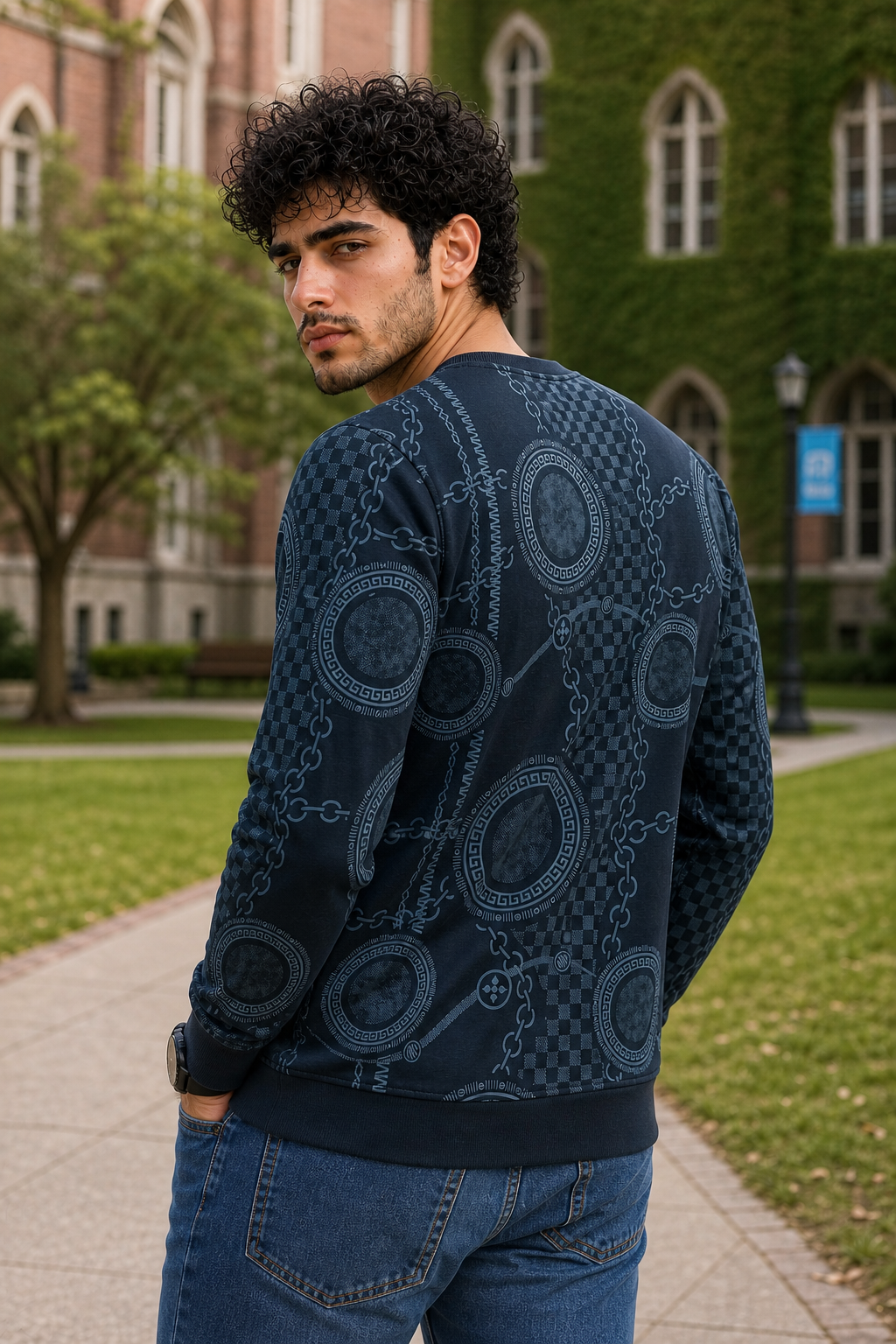 Men Prussian Blue Chain Print Full Sleeve SweatShirt | RAGGED Graphic ATL3035