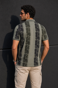 Men Black & Pista Printed Tipped Collar Polo T-Shirt With Snap Buttons ATL86624