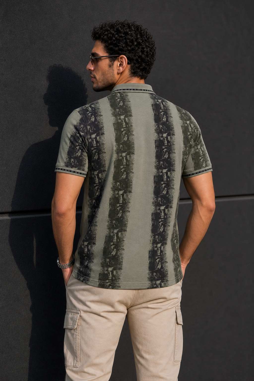 Men Black & Pista Printed Tipped Collar Polo T-Shirt With Snap Buttons ATL86624