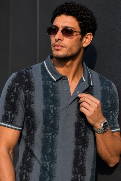 Men Black & Dark Pista Printed Tipped Collar Polo T-Shirt With Snap Buttons ATL86624