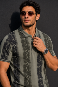 Men Black & Pista Printed Tipped Collar Polo T-Shirt With Snap Buttons ATL86624