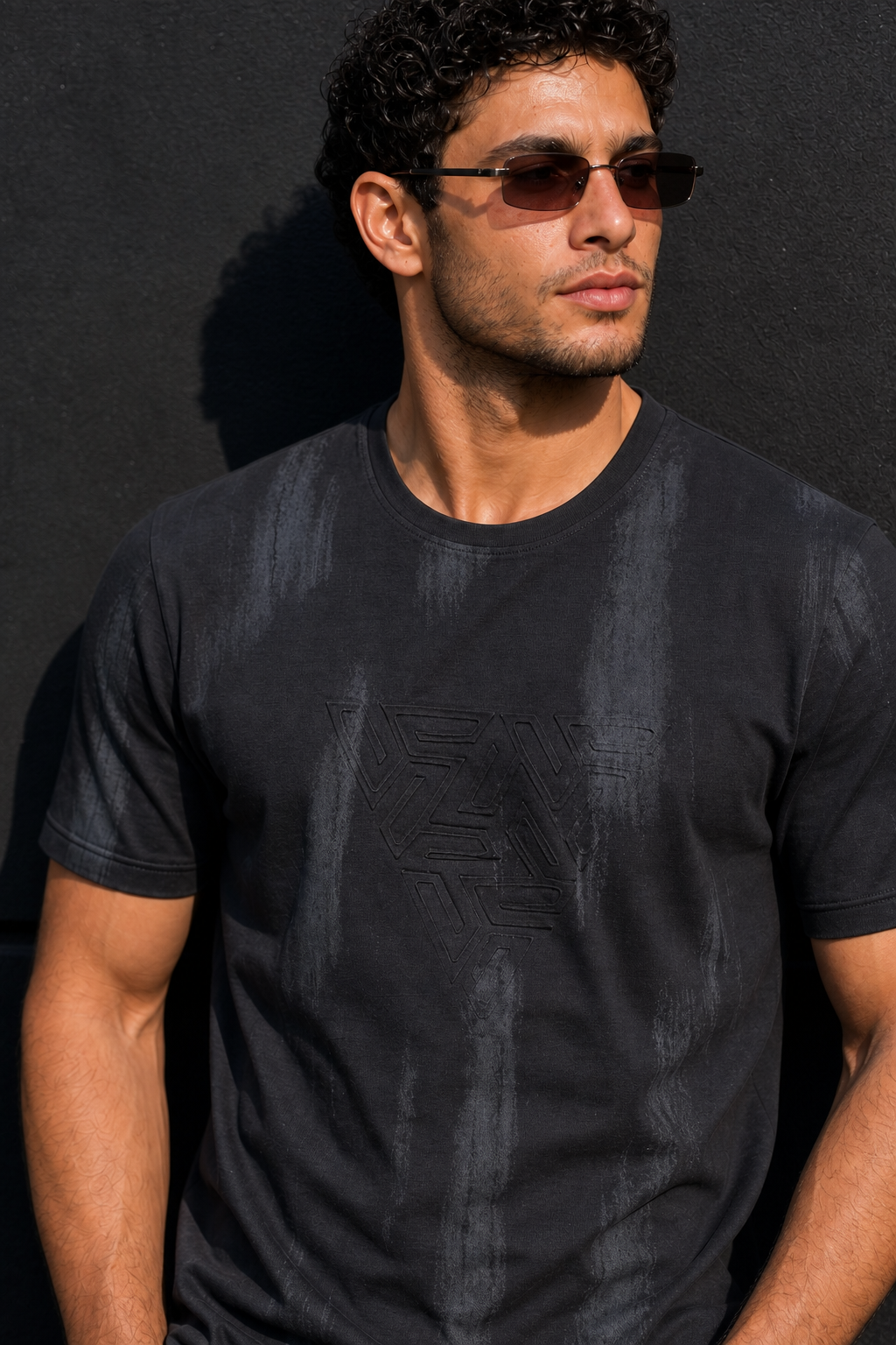 Men Black Embossed Geometric Printed Round Neck T-Shirt ATL80207