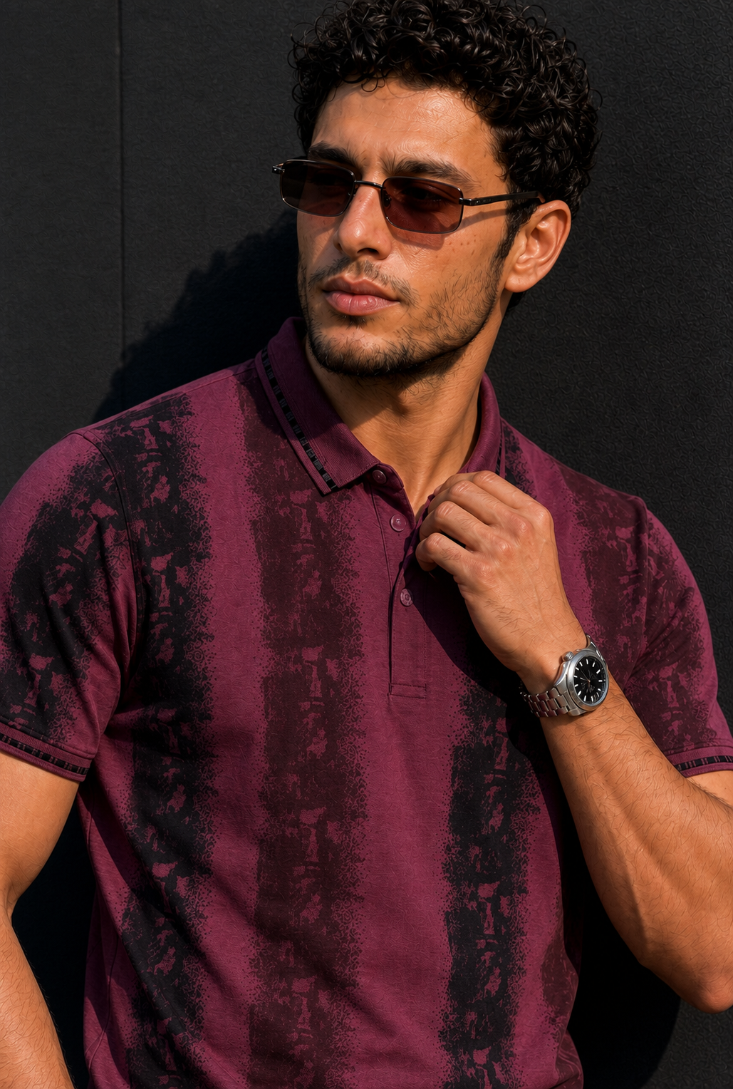 Men Black & Wine Printed Tipped Collar Polo T-Shirt With Snap Buttons ATL86624