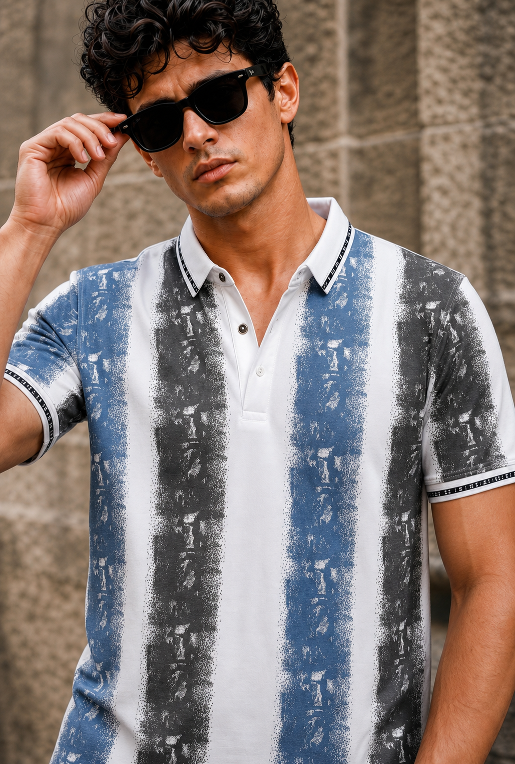 Men Blue & White Printed Tipped Collar Polo T-Shirt With Snap Buttons ATL86624