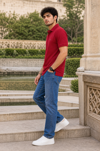 Men Maroon Korean Style Zipper Neck Polo T-Shirt ATL5771