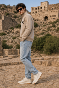 Men Beige Half-Zip Mock Neck Graphic Print Sweatshirt ATL3027