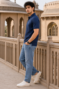 Men Navy Blue Korean Style Zipper Neck Polo T-Shirt ATL5771