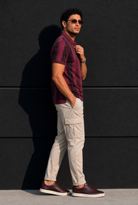 Men Black & Wine Printed Tipped Collar Polo T-Shirt With Snap Buttons ATL86624