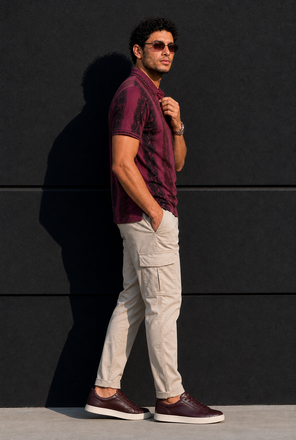 Men Black & Wine Printed Tipped Collar Polo T-Shirt With Snap Buttons ATL86624
