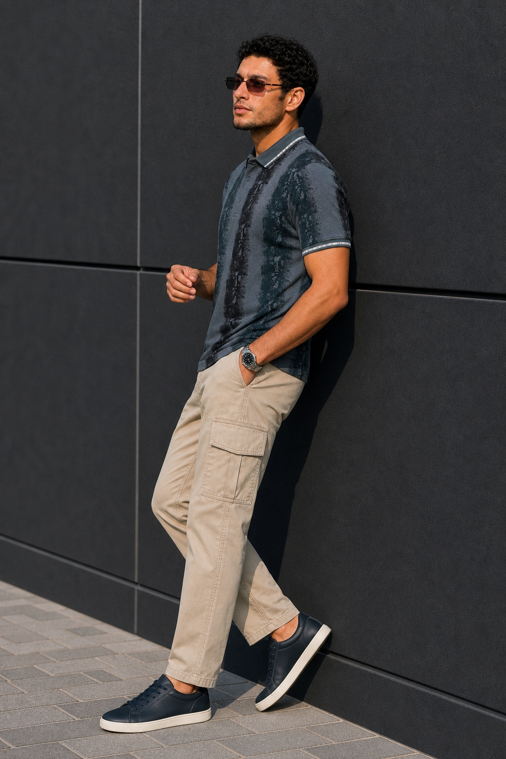 Men Black & Dark Pista Printed Tipped Collar Polo T-Shirt With Snap Buttons ATL86624