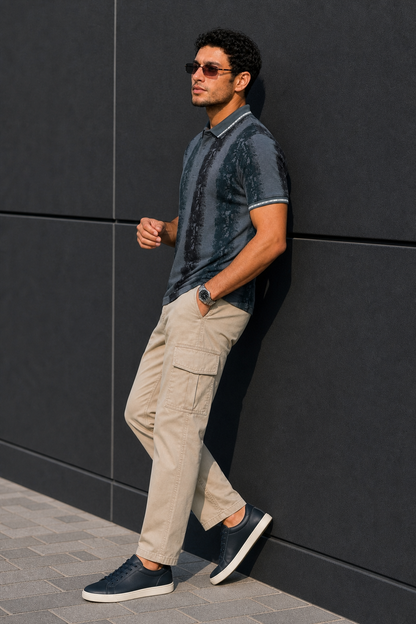 Men Black & Dark Pista Printed Tipped Collar Polo T-Shirt With Snap Buttons ATL86624