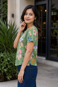 Women Green Floral Print Round Neck T-Shirt M-7236-13