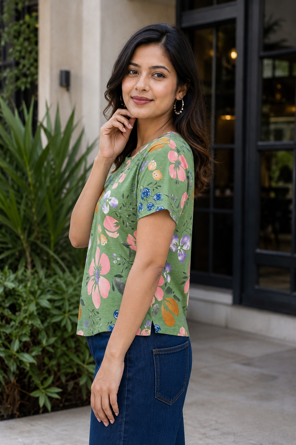 Women Green Floral Print Round Neck T-Shirt M-7236-13