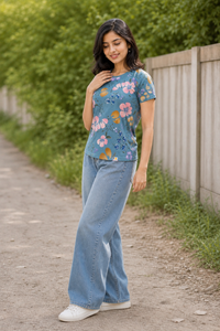 Women Blue Floral Print Round Neck T-Shirt M-7236-13