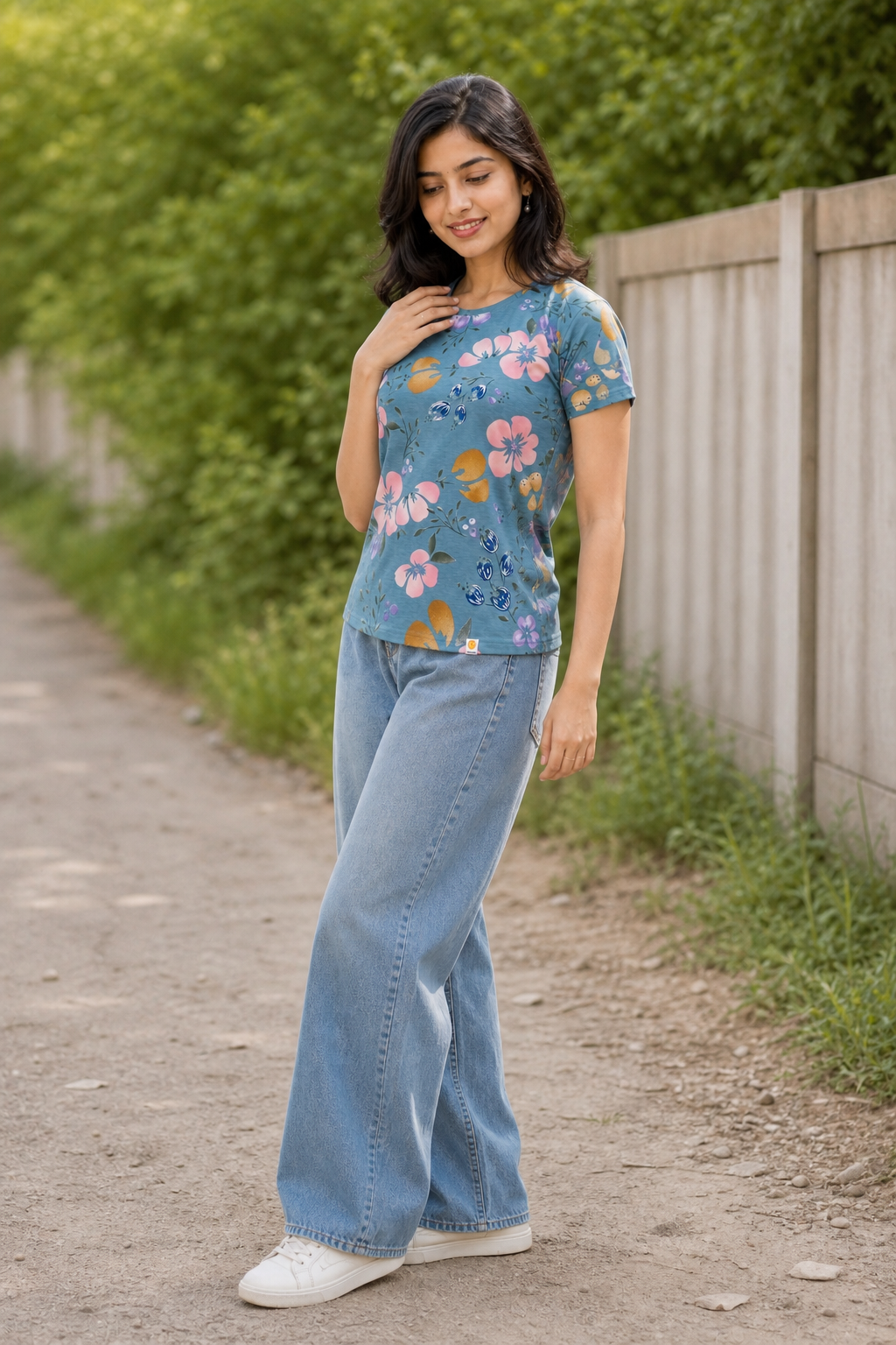 Women Blue Floral Print Round Neck T-Shirt M-7236-13