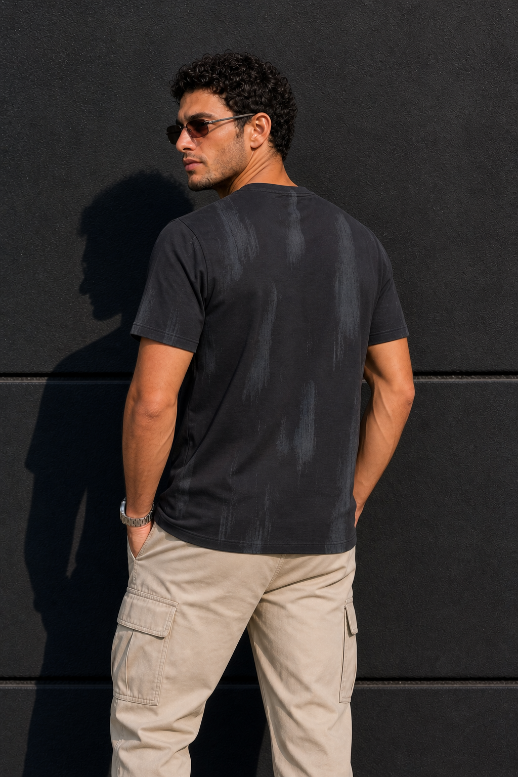 Men Black Embossed Geometric Printed Round Neck T-Shirt ATL80207