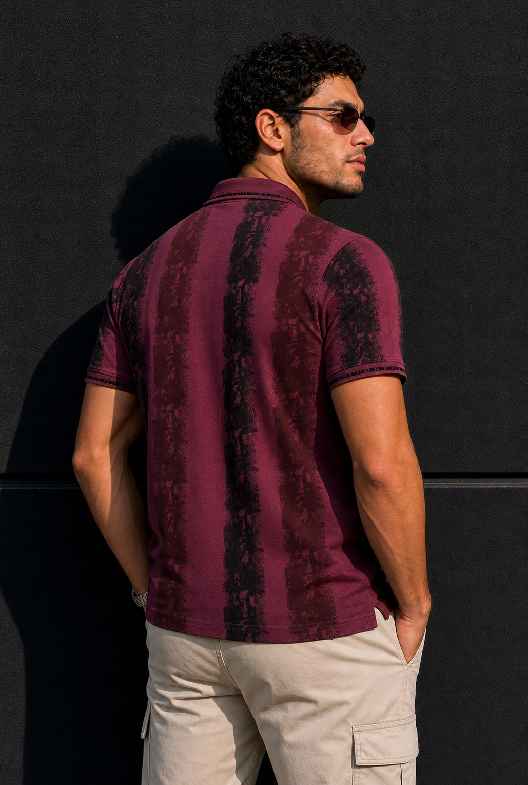 Men Black & Wine Printed Tipped Collar Polo T-Shirt With Snap Buttons ATL86624