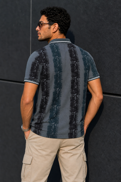Men Black & Dark Pista Printed Tipped Collar Polo T-Shirt With Snap Buttons ATL86624